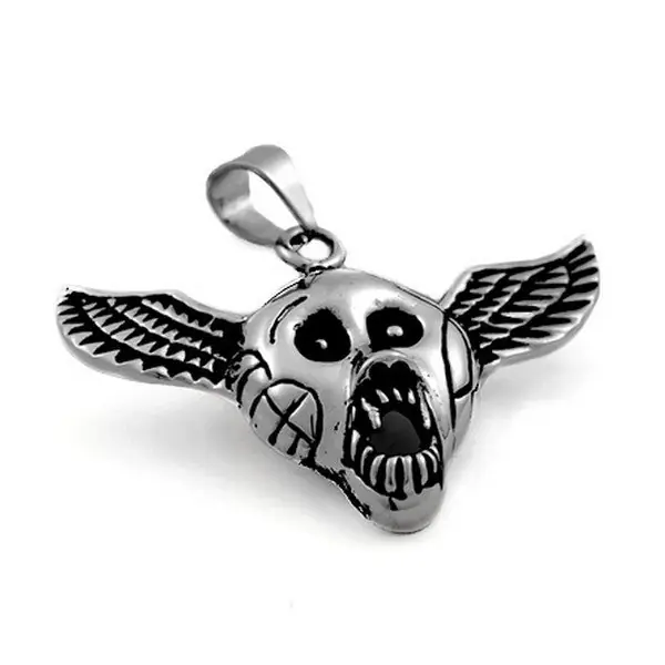 Authentique Pendentif acier 316 argenté Gothique Rock ou Biker - Ailes + Tête de mort