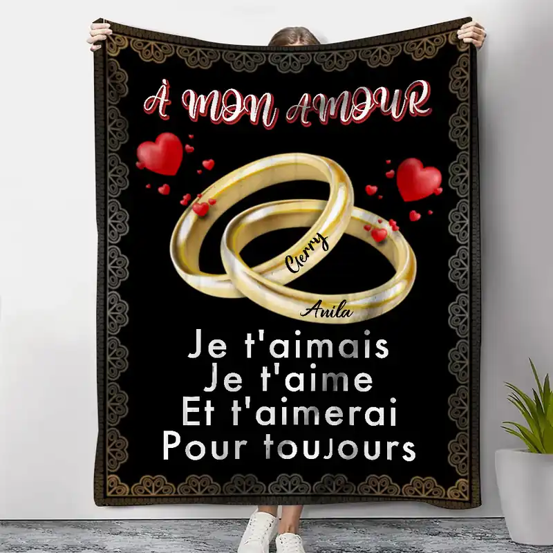 À mon Amour - Plaid Personnalisé Bague 2 Prénoms Personnalisés Couverture en Flanelle pour Couple| Jessemade Livraison Mondiale