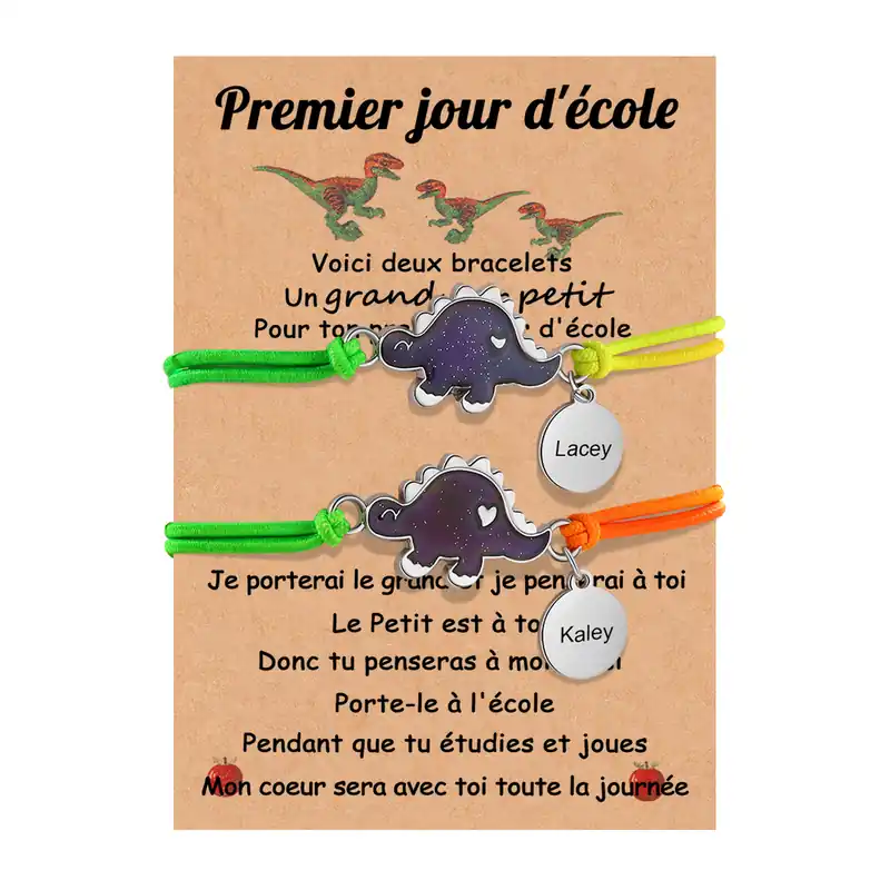 Original 2PCS Ensemble de Bracelets Dinosaure 2 Prénoms Personnalisés Corde élastiques - Cadeau Rentrée Scolaire Premier jour d’école