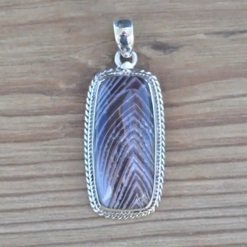 Pendentif rectangulaire argent torsade pierre AGATE DU BOTSWANA (brun) Seulement Aujourd’hui
