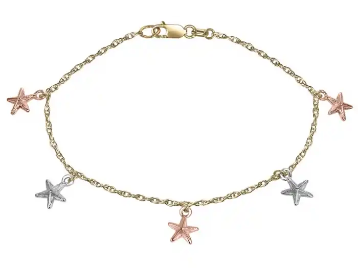 Meilleure Qualité Bracelet Ariel trois tons en or 10k mailles fines et breloques étoiles de mer