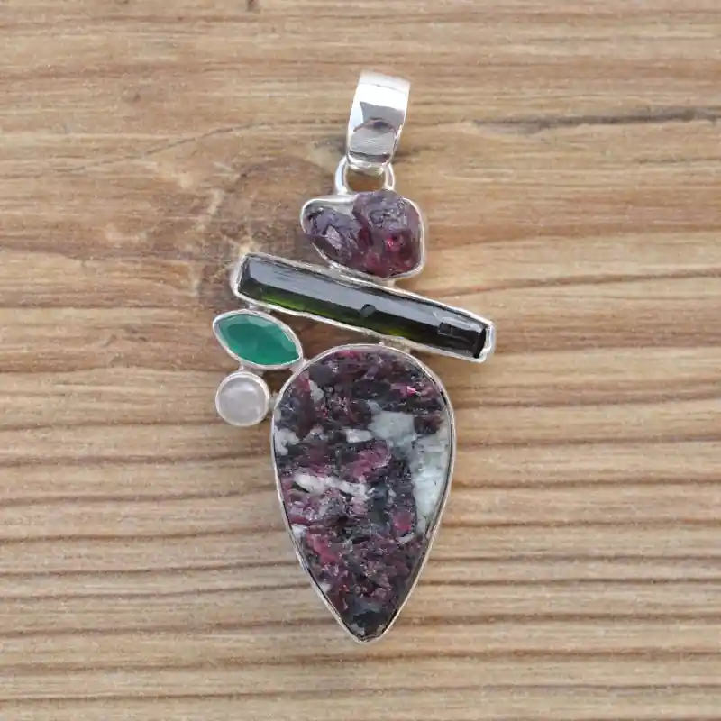 Pendentif argent 5 pierres EUDIALYTE, TOURMALINE et AGATE VERTE (rose) Acheter En Ligne