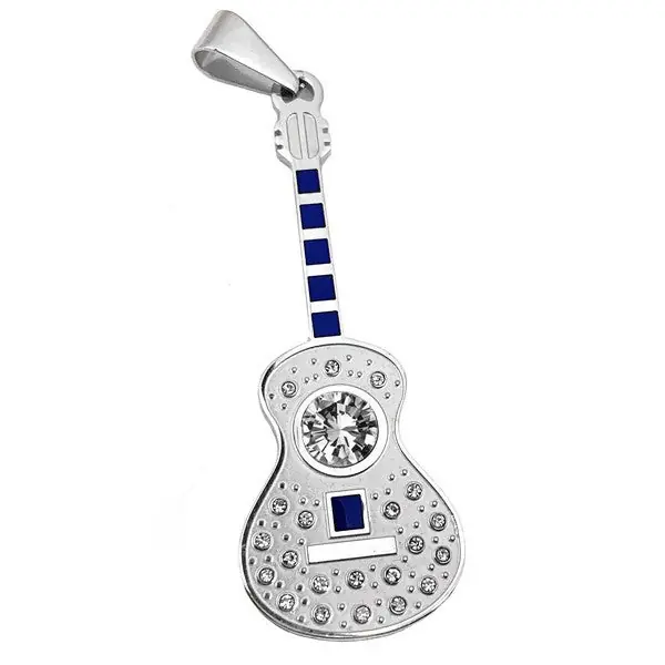 Meilleure Vente Pendentif acier 316 argenté Gothique Rock ou Biker - Guitare bleu agrémenté d'un diamant cz