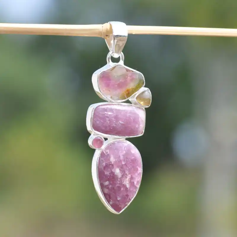 Meilleur Choix Pendentif argent 5 pierres en Quartz rubis et Tourmaline (rose) (vert)