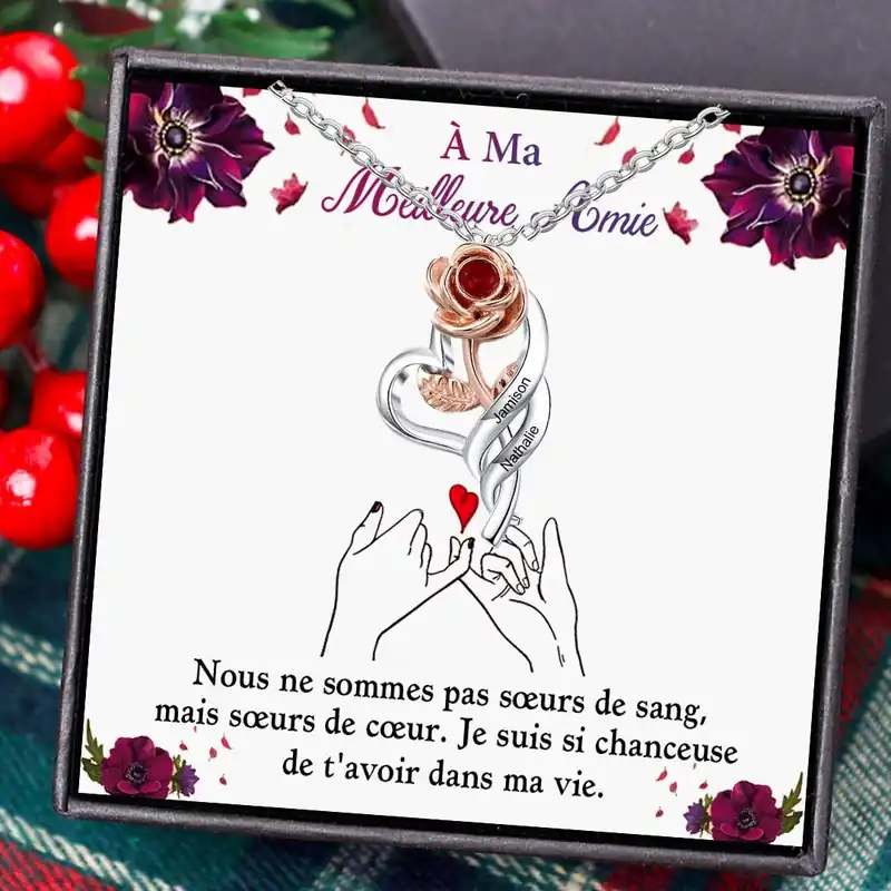 À Ma Meilleure Amie - Collier Cœur Rose 2 Prénoms Personnalisés avec 1 Pierre de Naissance Prix Cassé