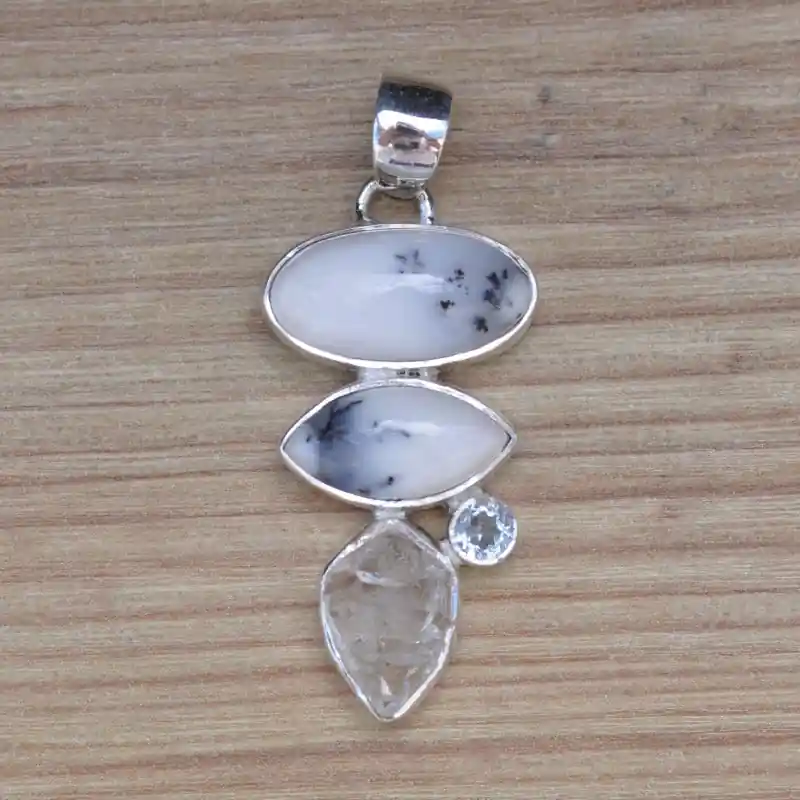 Nouvel Arrivage Pendentif argent 4 pierres AGATE DENDRITE CRISTAL et TOPAZE (blanc)