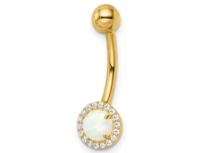 Petit Prix Boucle de nombril opale et halo de zircons cubiques en or jaune 14k