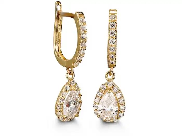 Boucles d'oreilles Goyave zircons cubiques taille poire et halo en or jaune 10k Commande En Gros