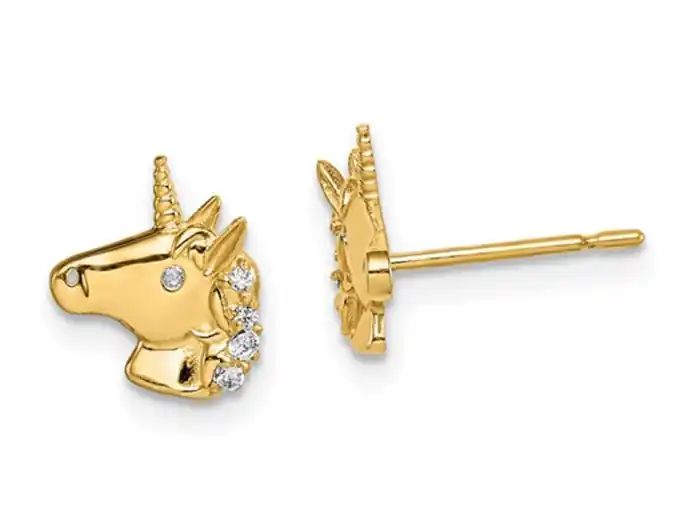Boucles d'oreilles licornes serties de zircons cubiques en or or jaune 14k pour enfants Satisfait Ou Remboursé