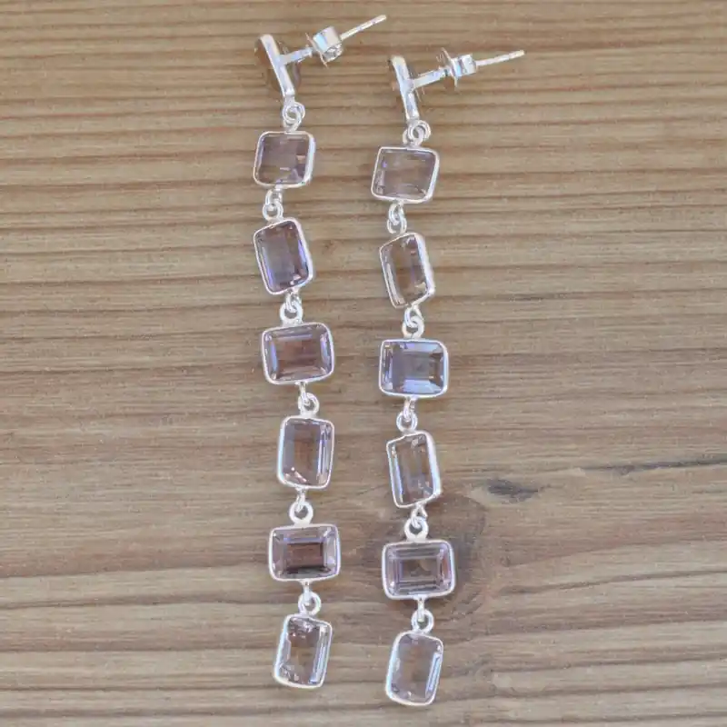 Garantie Incluse Longues boucles argent avec 7 pierres rectangulaires en Ametrine