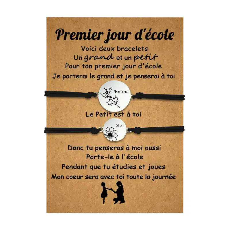 Certifié 2PCS Ensemble de Bracelets 2 Prénoms Personnalisés avec Fleurs de Naissance Corde élastiques - Cadeau Rentrée Scolaire Premier jour d’école