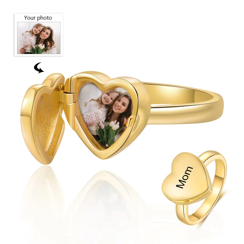 Bague Femmes Cœur 1 Texte et Photo Personnalisés Certifié