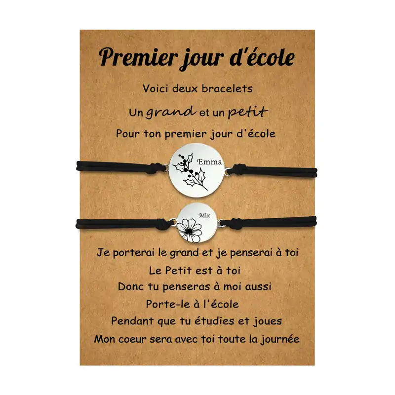 2PCS Ensemble de Bracelets 2 Prénoms Personnalisés avec Fleurs de Naissance Corde élastiques - Cadeau Rentrée Scolaire Premier jour d’école Meilleur Prix