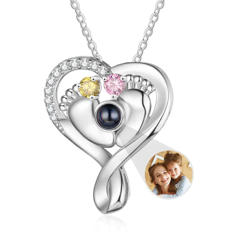 Collier de projection avec photo en couleur personnalisée pendentif Pied de Bébé 2 Pierres de Naissance Meilleur Prix