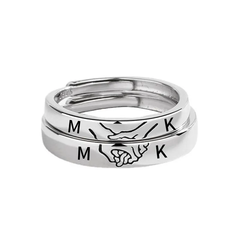 Bague en Argent 925 La Main Dans La Main Réglable Couple 2PCS 2 Lettres Personnalisée Alliance|Jessemade Must-Have