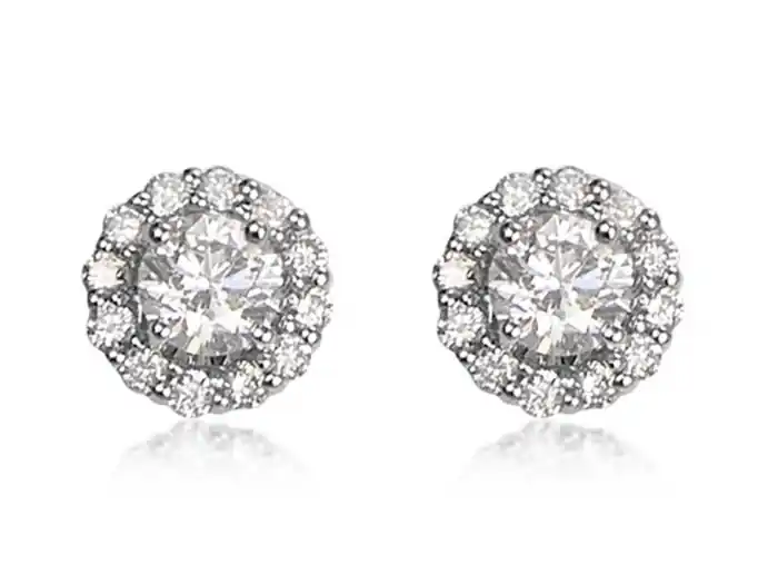 Boucles d'oreilles Iliona diamants en solitaire 20pts total et halo de diamants en or blanc 18k pour femme Vente Flash