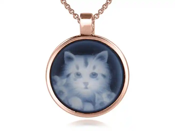 Pendentif camée noir Anouche design rond avec représentation de chat avec fleurs en or rose 10k pour femme Meilleur Choix