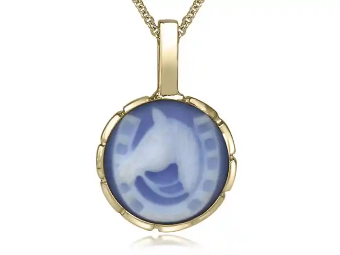 Pendentif Camée bleu Lugano design en cercle avec représentation de cheval et fer à cheval en or jaune 10k Top Vente