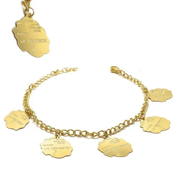 Bracelet pour femme - Acier 316 doré - Chaine et motifs "La Réunion" Édition Limitée