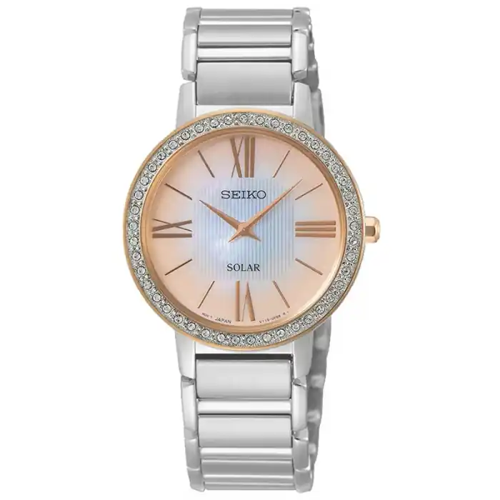 Original Montre Seiko Solar cardan nacré rose cristaux de Swarovski en acier inoxydable deux tons pour femme