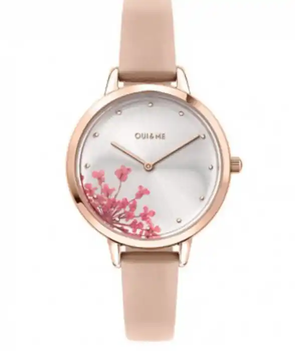 Bon Plan Montre Fleurette cadran rose et fleurs véritables et bracelet cuir rose pour femme