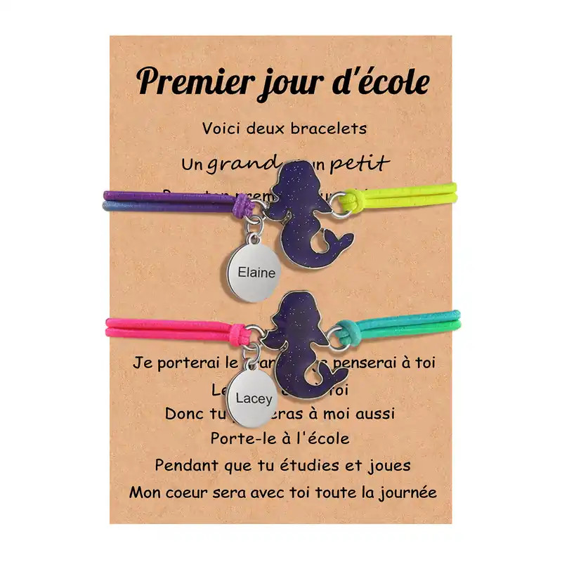 2PCS Ensemble de Bracelets Sirène 2 Prénoms Personnalisés Corde élastiques - Cadeau Rentrée Scolaire Premier jour d’école Commander Vite