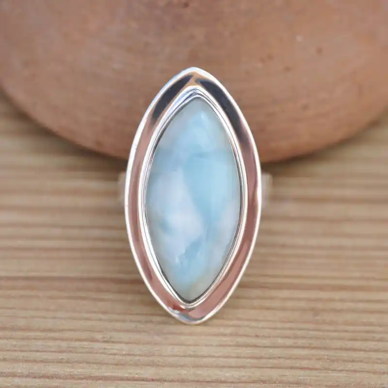 Bague navette en argent plat et pierre Larimar (bleu) T55 Soldes
