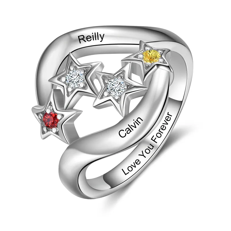 Solde Bague étoilé 2 Prénom Personnalisé avec 2 Pierre de Naissance et texte en Argent 925