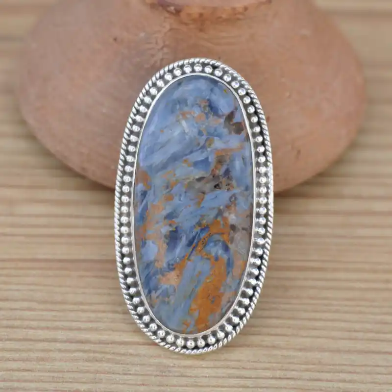 Produit De Marque Tres grosse bague ovale argent cisele et pierre PIETERSITE (bleu) (brun) T54