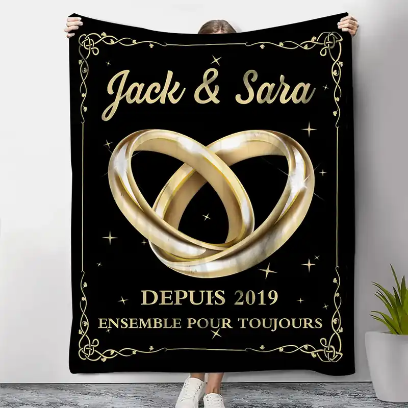 Affaire À Saisir Couverture Plaids Polaire Bague 2 Prénoms Personnalisés avec Année pour Couple