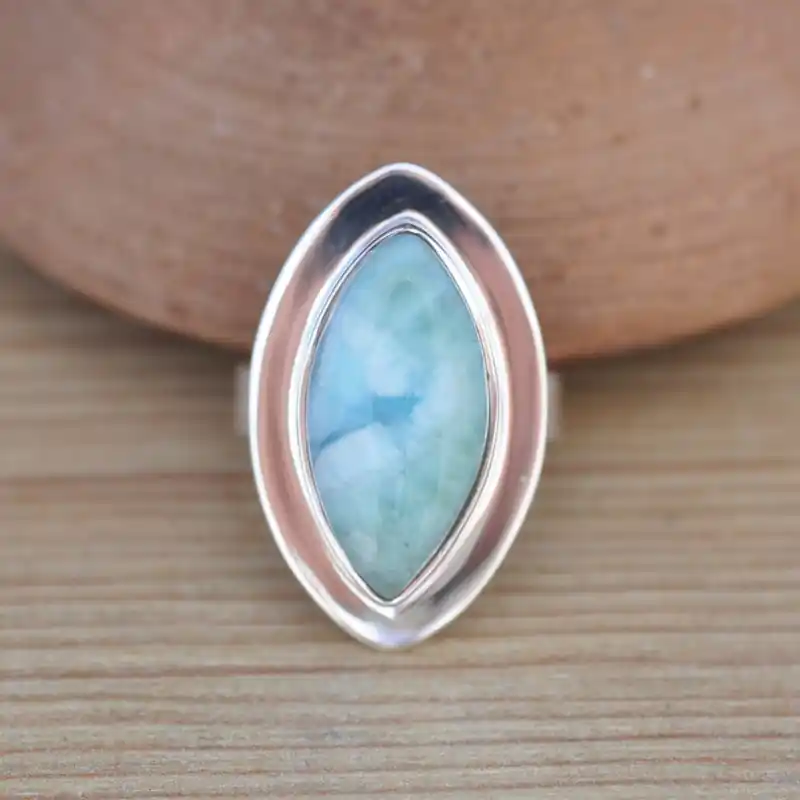 Bague marquise en argent plat et pierre Larimar (bleu) T52 Vente Flash