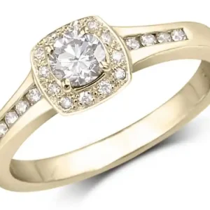 Satisfait Ou Remboursé Bague Sierra à diamants halo coussin et épaulements sertis rail en or jaune 14k pour femme