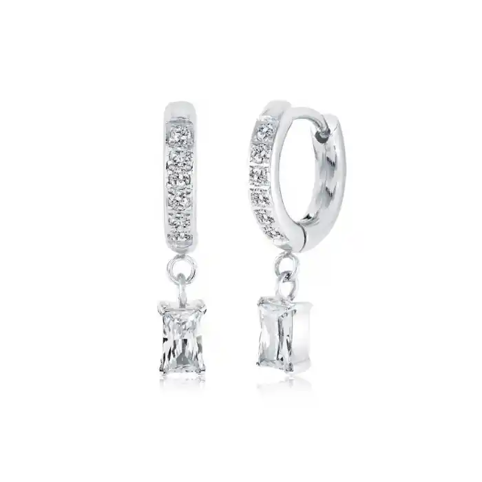 Commander Vite Boucles d’oreilles Brillenza pendantes taille émeraude 3 mm en acier inoxydable argenté pavées de pierres scintillantes