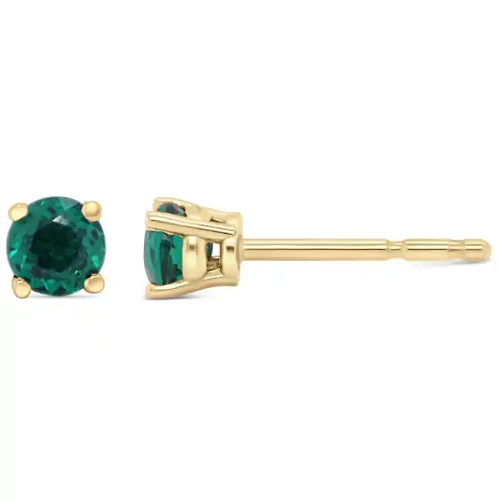 Boucles d'oreilles solitaitre émeraude de laboratoire 3.5 mm serti 4 griffes en or jaune 10-14k Fait Main
