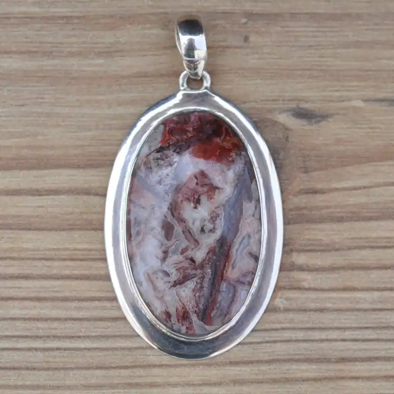 Meilleure Qualité Gros pendentif ovale argent plat et pierre Agate crazy lace
