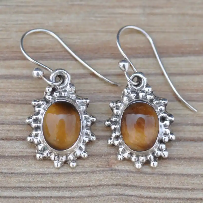 Boucles soleil en argent cisele et pierre Oeil de tigre (marron) Prix Cassé