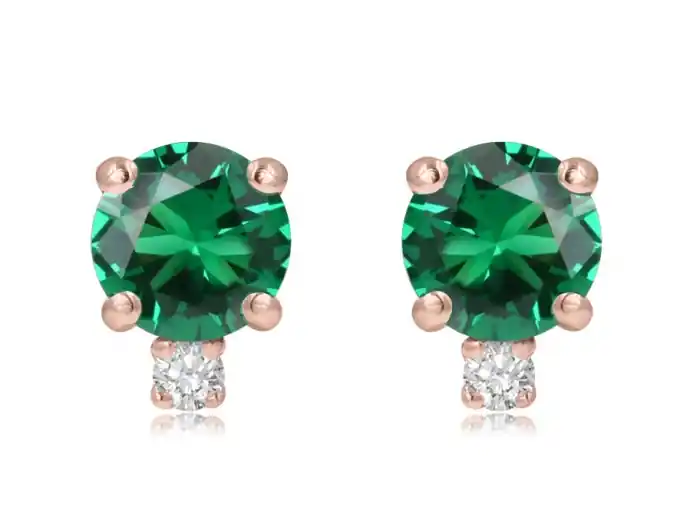 Boucles d'oreilles duo de pierres émeraudes de laboratoire 3.5mm et diamants en or rose 14k Prix Réduit