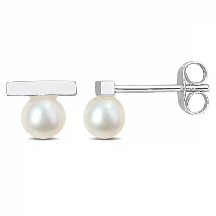 Boucles d'oreilles Perlina perles de culture 4-4.5mm minimaliste barre en or blanc 10K Solde