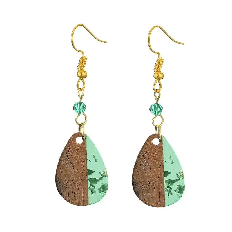 Meilleur Prix Boucles d'oreilles fantaisie tombantes bois et résine verte