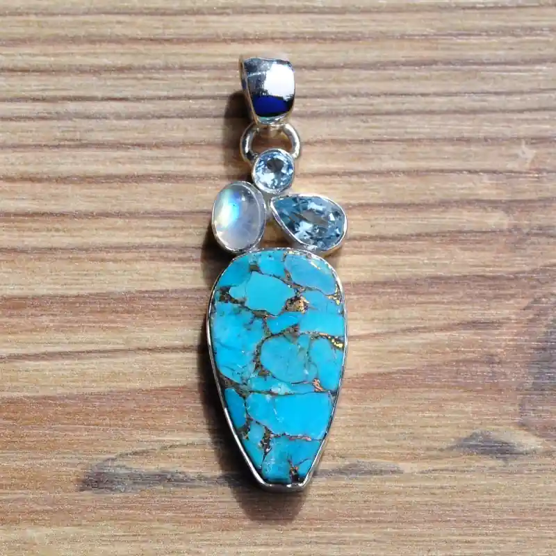 Pendentif argent 4 pierres en Turquoise Pierre de lune Topaze (bleu) Nouveauté