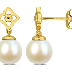 Retour Gratuit Boucles d'oreilles Ren perles de culture pendants 7-7.5mm et design fleur en or jaune 14k