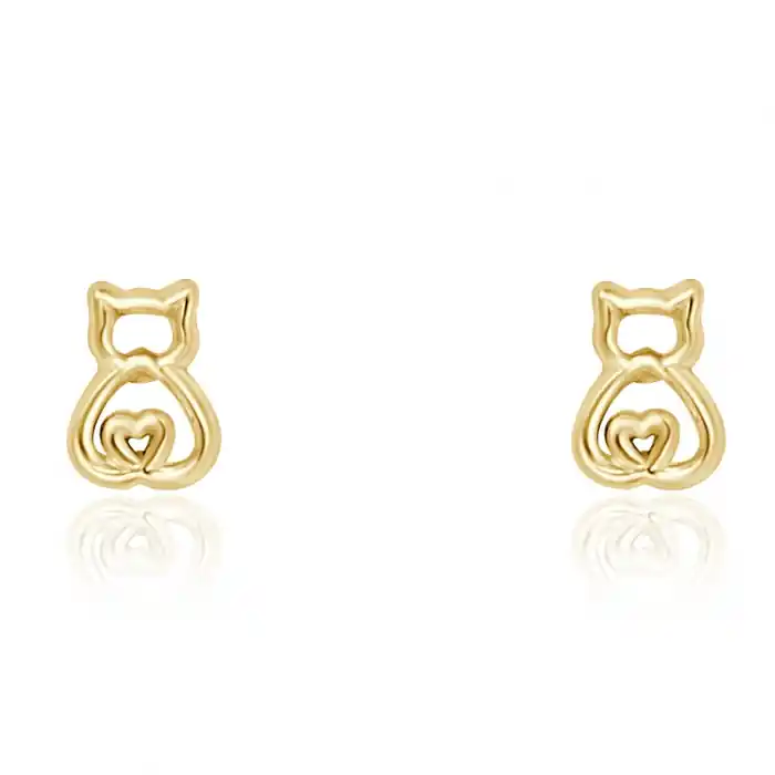 Boucles d'oreilles Miaou chat découpé et coeur en or jaune 10k pour enfant Promotion