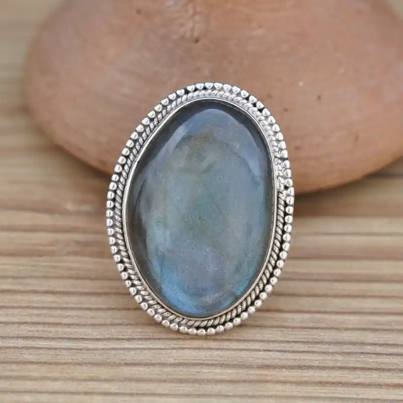 Meilleure Qualité Bague pierre Labradorite et argent travaille (bleu) T59