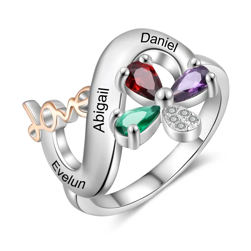 Meilleure Qualité Bague Papillon 3 Prénom Personnalisé avec 3 Pierre de Naissance