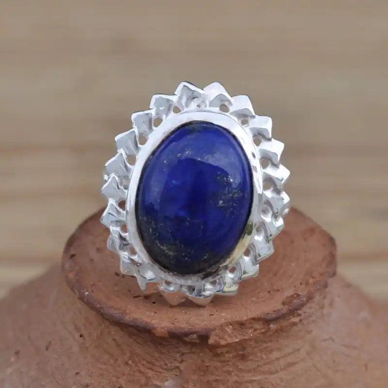 Bague argent cisele et pierre ovale bombee Lapis lazuli (bleu) T58 Meilleur Choix
