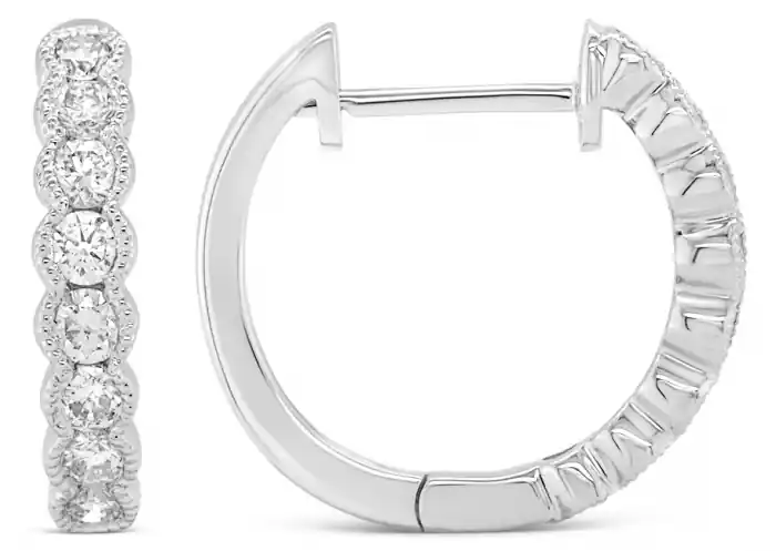 Exclusif Boucles d'oreilles Odénnie anneaux diamants contour millegrain huggie or blanc 14k