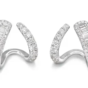 Prix Réduit Boucles d'oreilles Valdorise diamants taille baguette pavé double ouvert en or blanc 18k