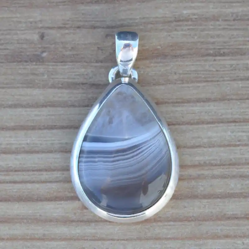 Pendentif goutte argent et pierre Agate du Botswana (brun) Super Prix