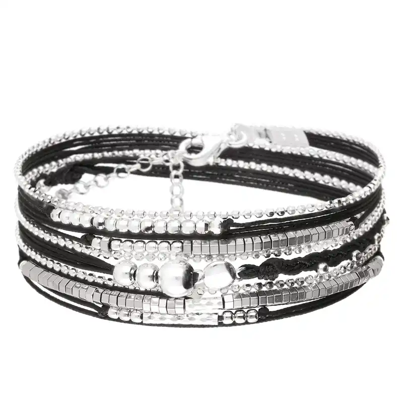 BRACELET NOIR PETITE PASTILLE TRIPLE RANGS Meilleure Qualité
