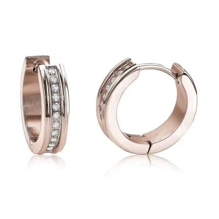 Boucle d'oreilles huggies 11x4 mmm pavé de zircons et bordures polies en acier inoxydable rose gold ou noir Acheter En Ligne